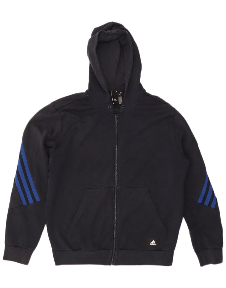 Suéter masculino Adidas com capuz e zíper grande algodão azul marinho