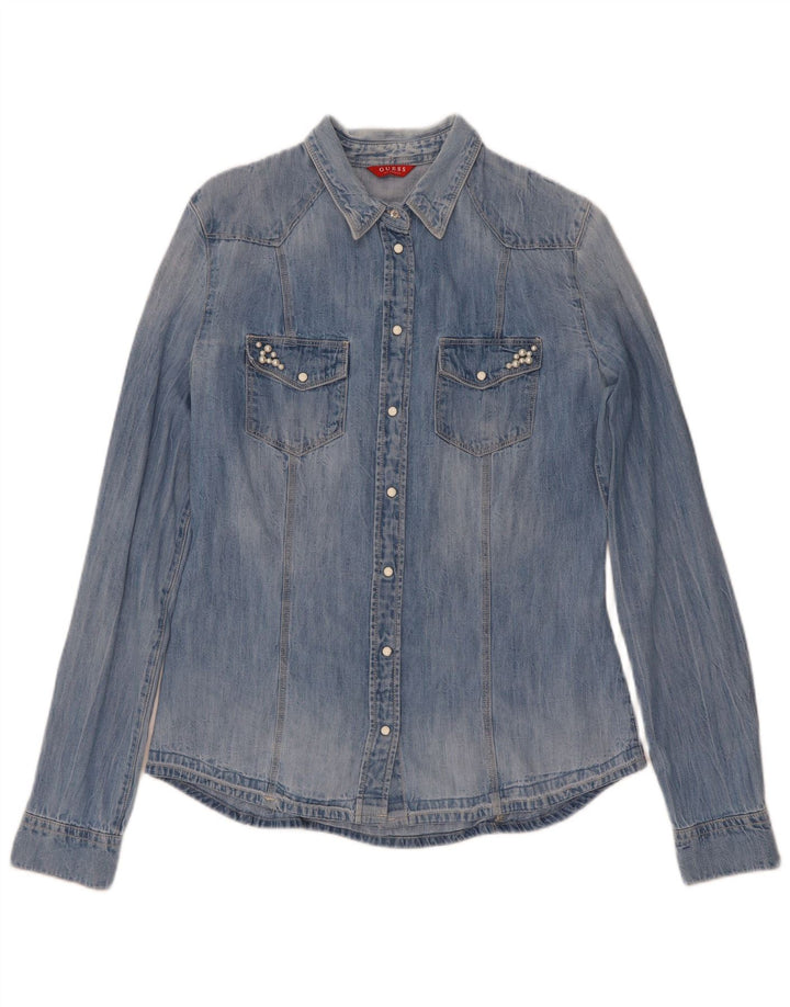 Camisa jeans feminina Guess Reino Unido 8 algodão azul pequeno