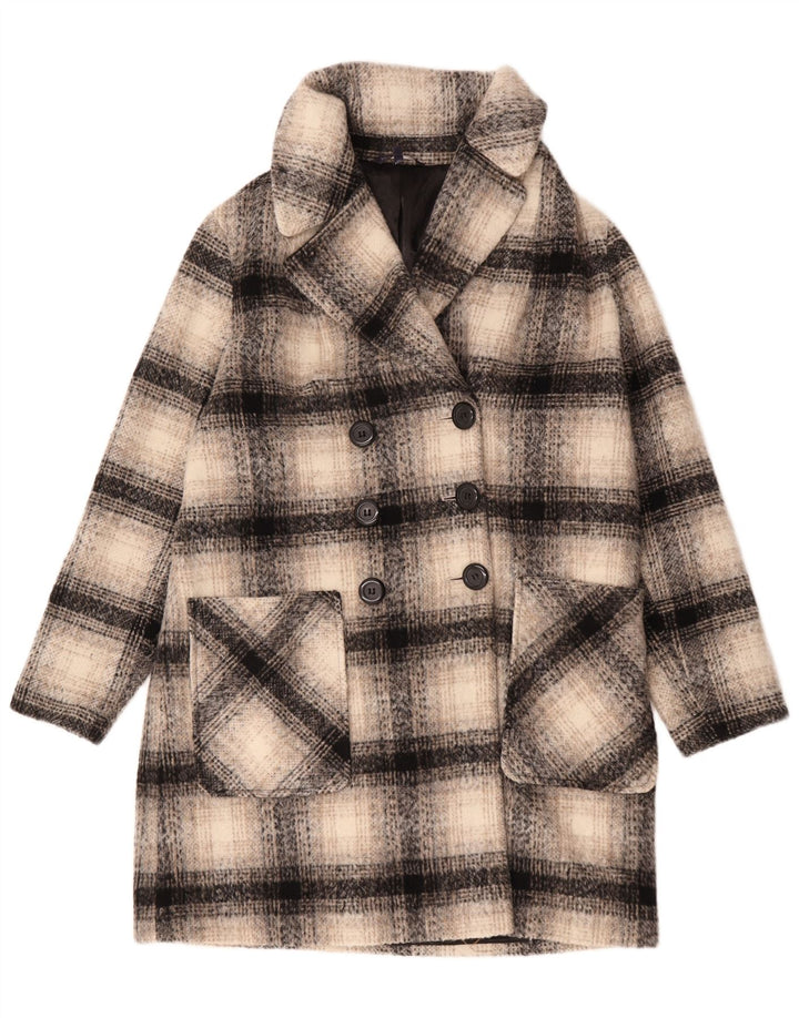 Casaco feminino Marks & Spencer com peito duplo Reino Unido 16 grande xadrez bege