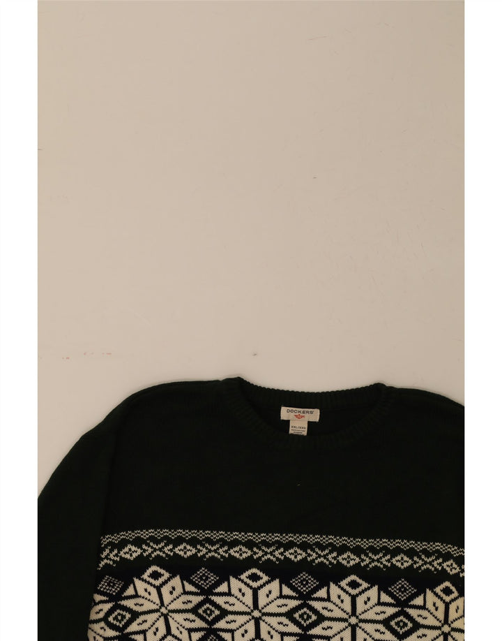 DOCKERS Mens Crew Neck Jumper Sweater 2XL Green Fair Isle Cotton Vintage Dockers and Second-Hand Dockers from Messina Hembry 
