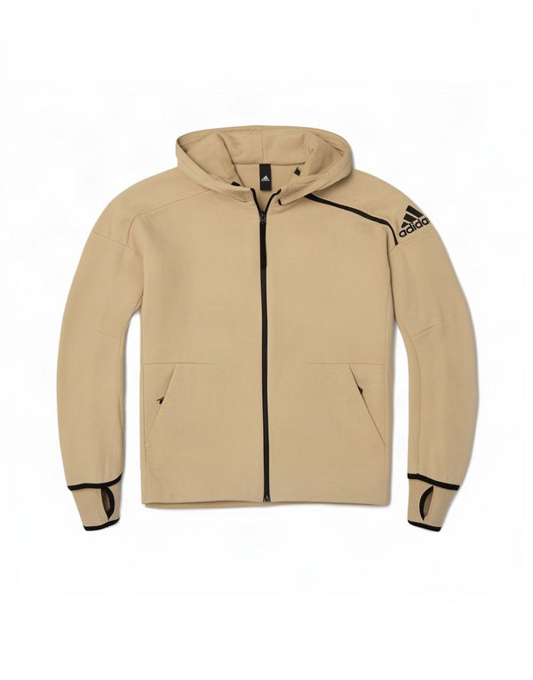 Adidas masculino zip moletom com capuz médio algodão bege