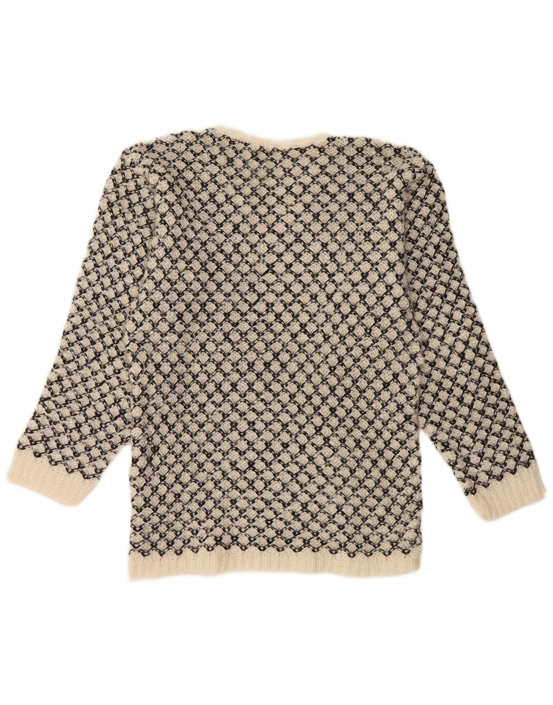 Suéter feminino vintage com decote em V UK 14 Médio Off White Geométrico