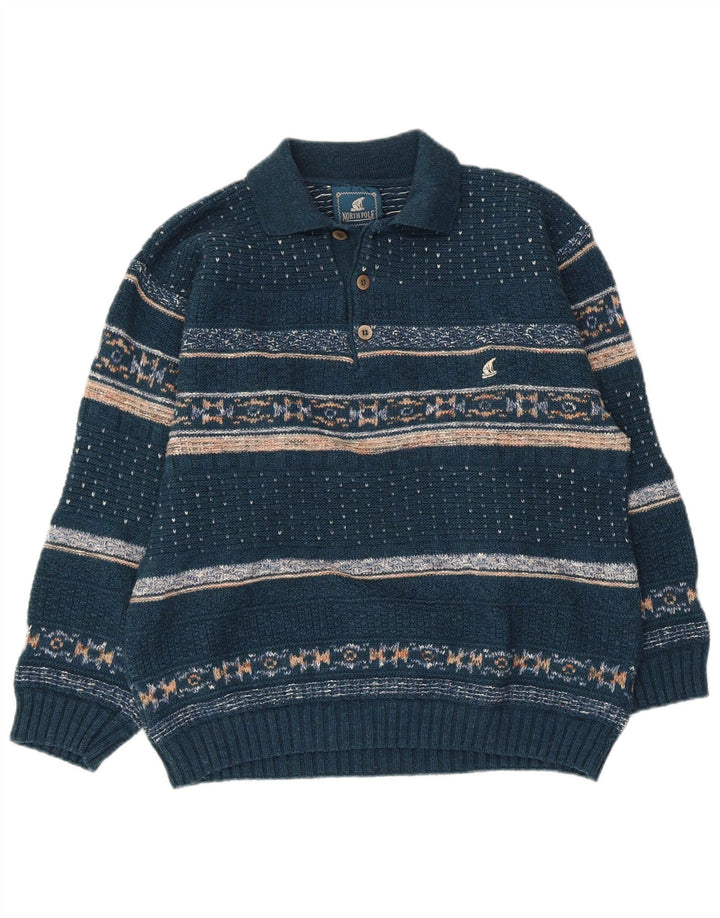 Suéter masculino pólo norte com gola polo, lã média azul Fair Isle