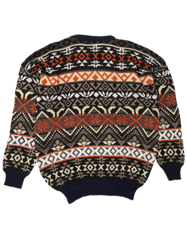 Suéter vintage masculino com gola redonda grande azul marinho Fair Isle acrílico