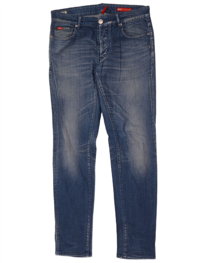 Rifle masculino desgastado jeans slim W32 L34 algodão azul