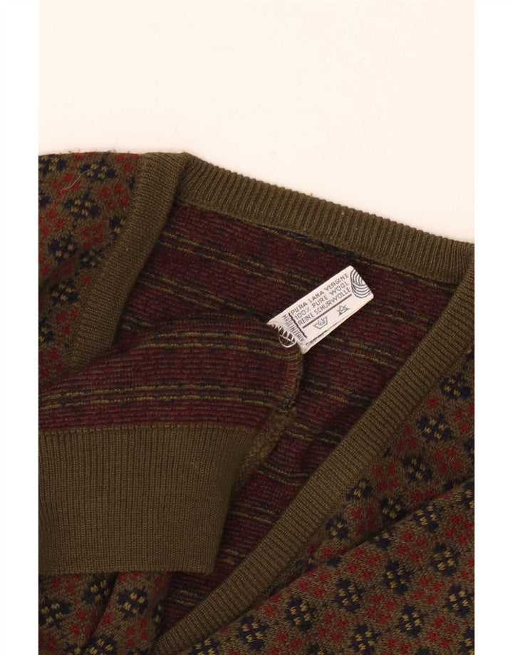 Suéter masculino vintage com decote em V grande lã geométrica cáqui