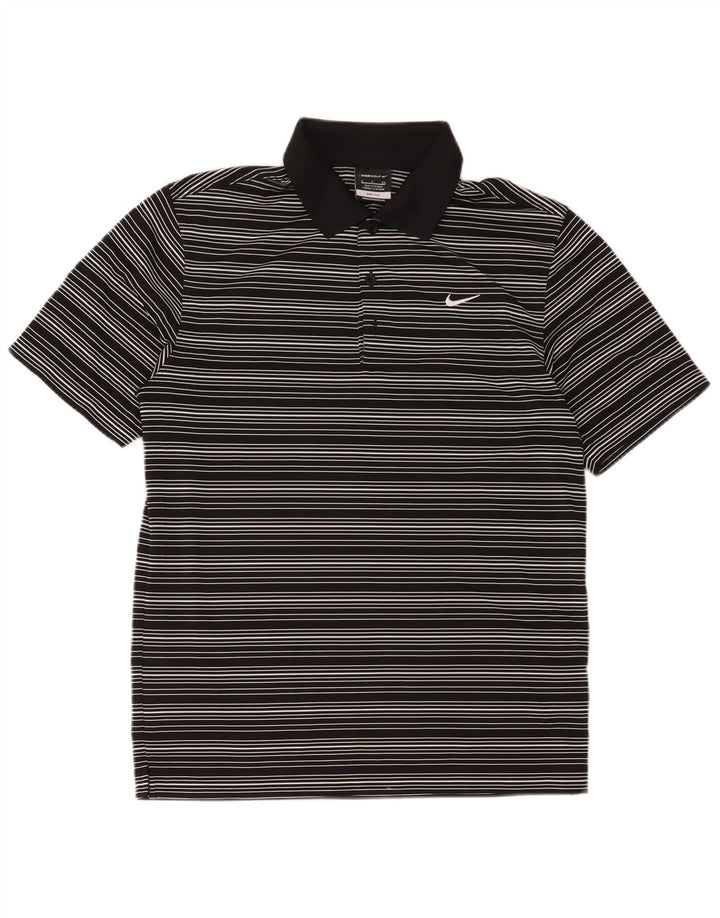 Camisa polo masculina Nike Dri Fit pequena listrada preta de poliéster