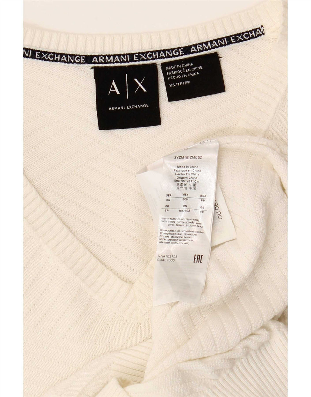 Suéter masculino Armani Exchange com decote em V XS algodão branco