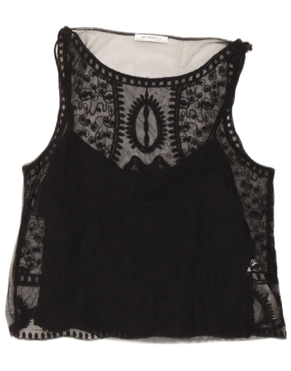 Blusa feminina sem mangas Zara Trafaluc Top UK 14 grande preto floral