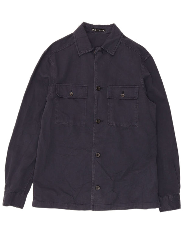 Zara Camisa masculina média azul marinho algodão