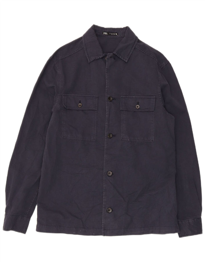Zara Camisa masculina média azul marinho algodão