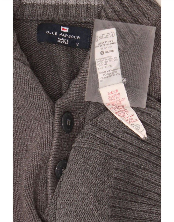 Suéter masculino Marks & Spencer azul porto com botão e gola pequena cinza