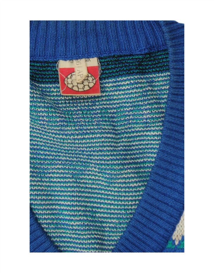 Suéter masculino VINTAGE com decote em V médio azul geométrico