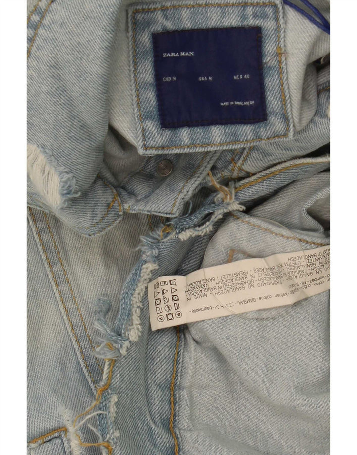 Zara Mens Distressed Denim Gilet UK 38 Algodão Azul Médio