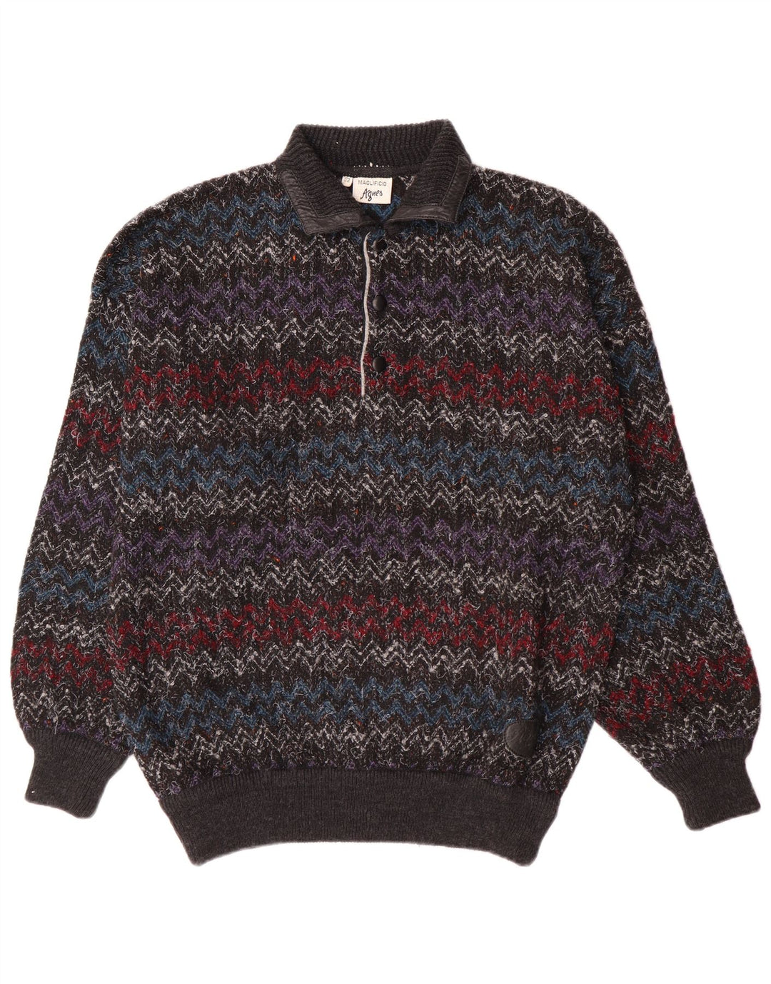 Suéter masculino vintage com gola polo IT 52 grande Chevron multicolorido