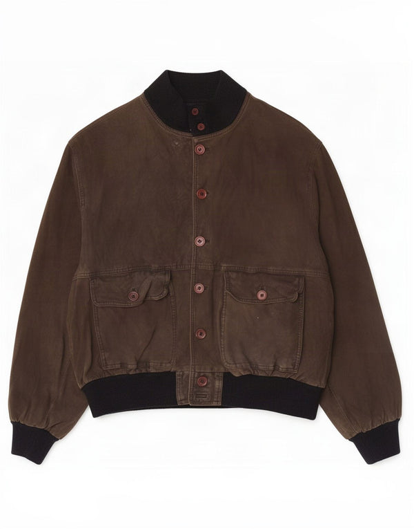 Jaqueta bomber masculina vintage de camurça Reino Unido 40 grande cáqui