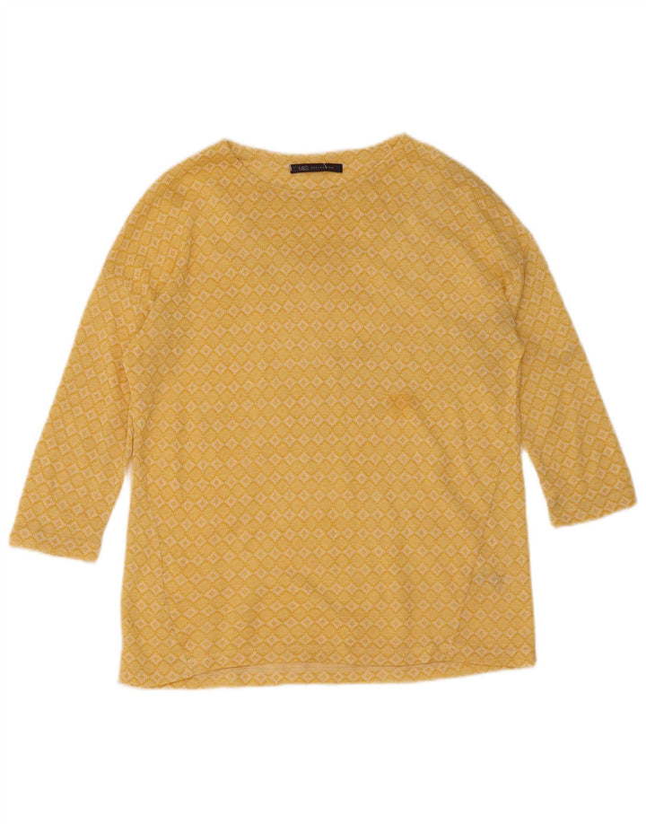 Top feminino Marks & Spencer manga 3/4 UK 12 médio amarelo geométrico