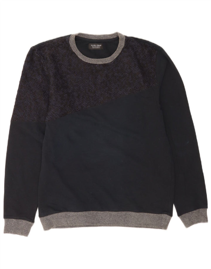 Zara Suéter masculino com gola redonda pequeno bloco colorido azul marinho