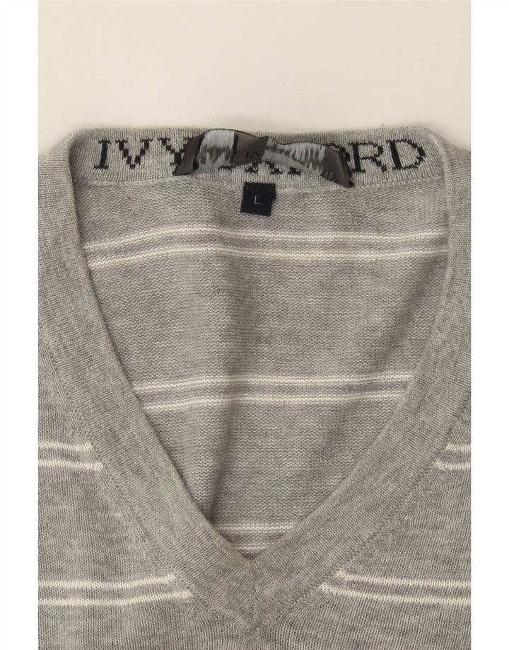 IVY OXFORD Mens V-Neck Jumper Sweater Large Grey Striped Cotton Vintage Ivy Oxford and Second-Hand Ivy Oxford from Messina Hembry 