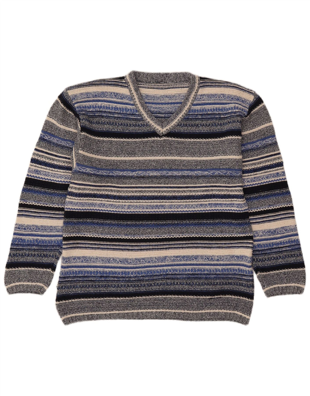 Suéter feminino vintage com decote em V UK 14 médio listrado multicolorido
