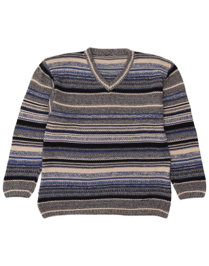 Suéter feminino vintage com decote em V UK 14 médio listrado multicolorido