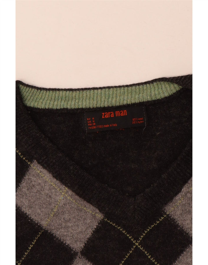 Suéter masculino ZARA com decote em V cinza médio Argyle/lã diamante