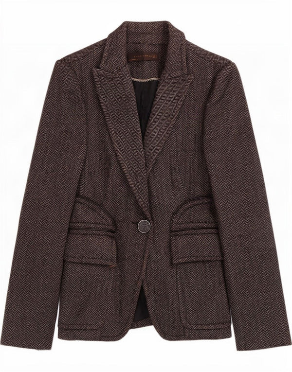 Jaqueta blazer feminina Zara com 1 botão Reino Unido 8 poliéster espinha de peixe cinza pequeno