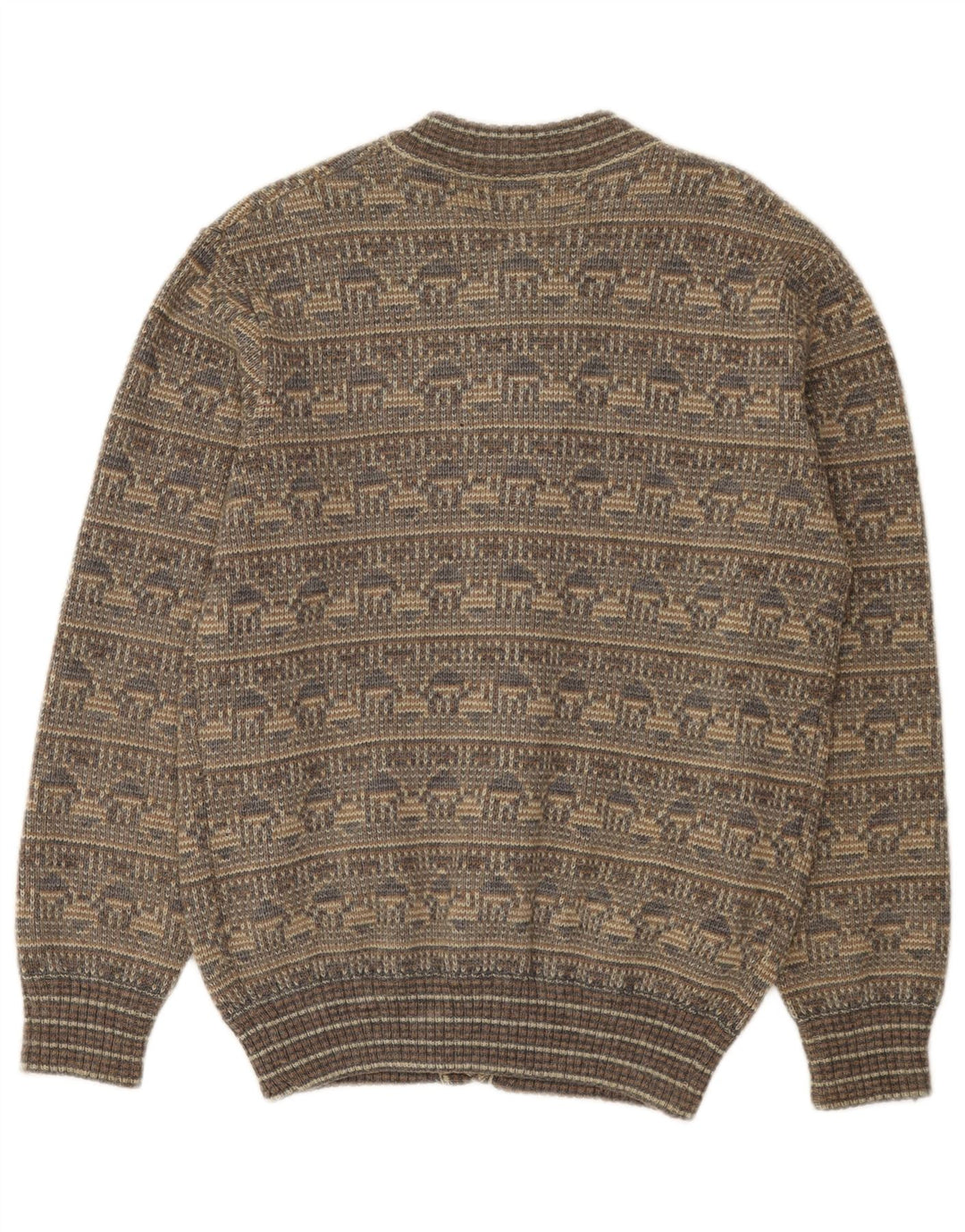 Suéter cardigã masculino vintage cinza médio lã Fair Isle