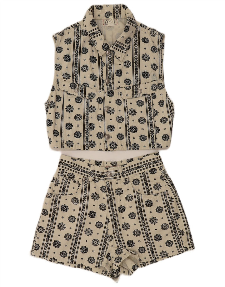 Swish Conjunto feminino jeans de 2 peças Reino Unido 12 médio W26 algodão paisley branco