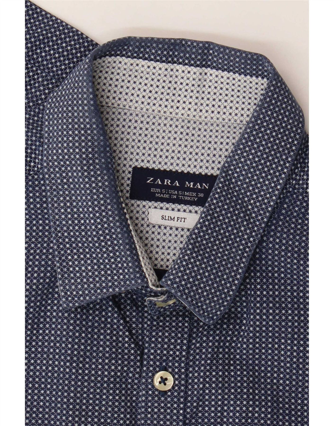 Zara Camisa masculina slim fit pequena azul marinho guingão
