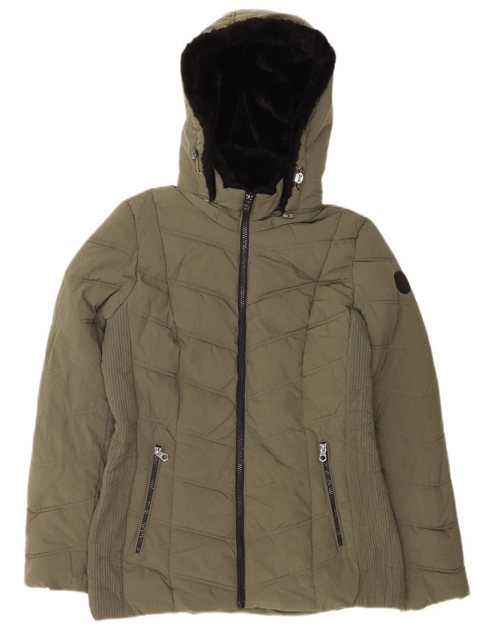 Jaqueta feminina acolchoada com capuz Nautica UK 14 poliéster cáqui médio