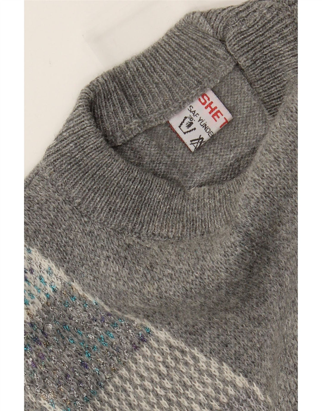 SHETLAND Mens Crew Neck Jumper Sweater Medium Grey Argyle/Diamond Vintage Shetland and Second-Hand Shetland from Messina Hembry 