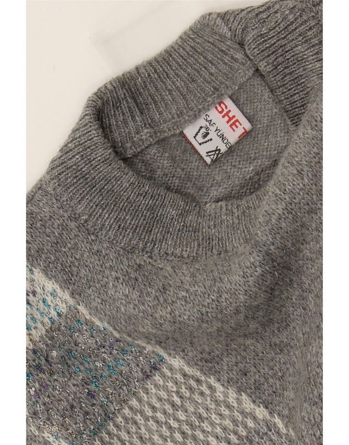 SHETLAND Mens Crew Neck Jumper Sweater Medium Grey Argyle/Diamond Vintage Shetland and Second-Hand Shetland from Messina Hembry 