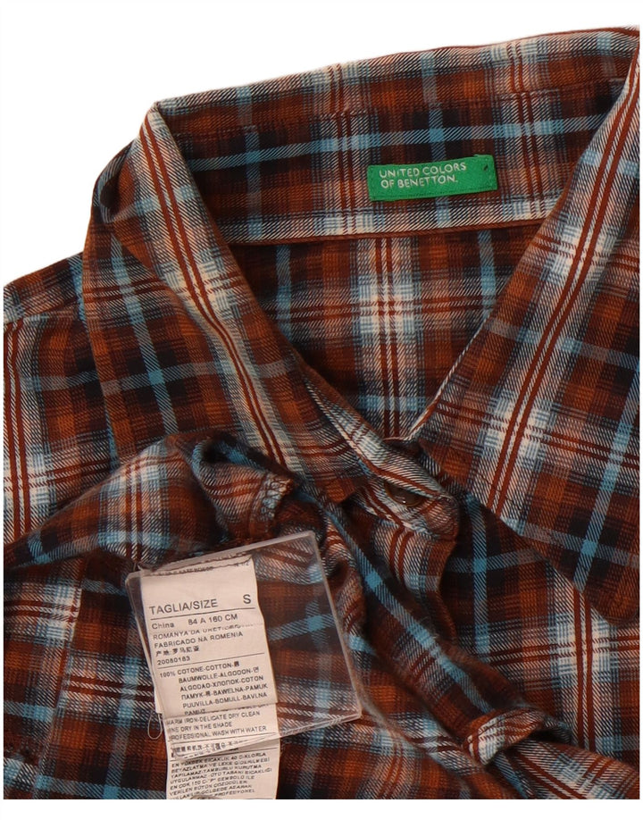 Camisa feminina BENETTON UK 10 pequena xadrez marrom algodão