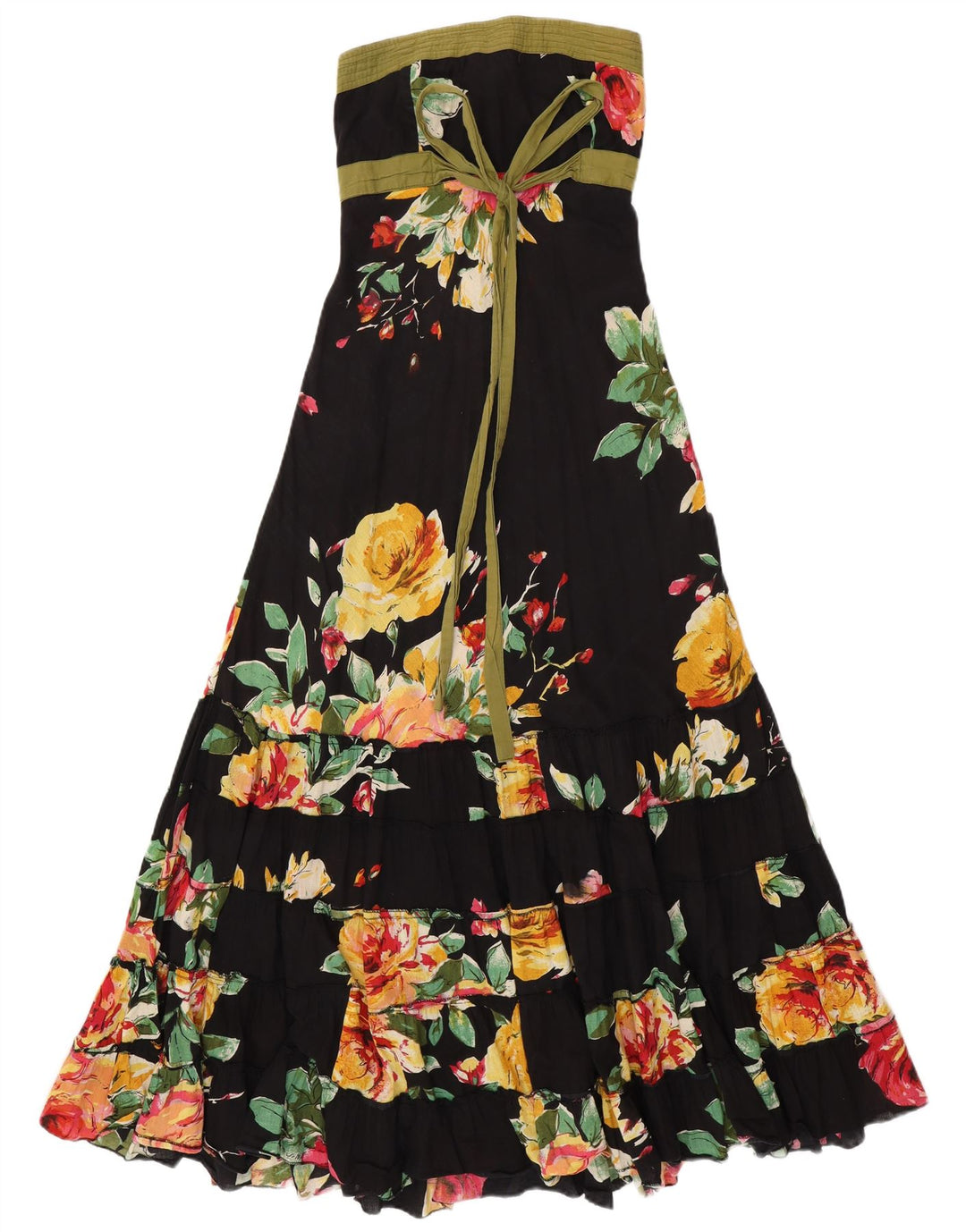 Vestido maxi feminino VINTAGE sem alças Reino Unido 14 algodão floral preto médio