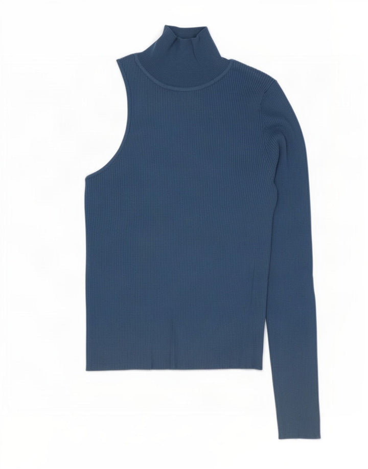 Top feminino de um ombro Zara UK 12 viscose azul médio