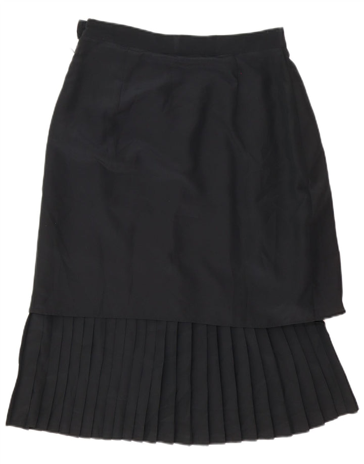 Saia Midi Plissada Feminina Vintage Reino Unido 14 Médio W30 Poliéster Preto