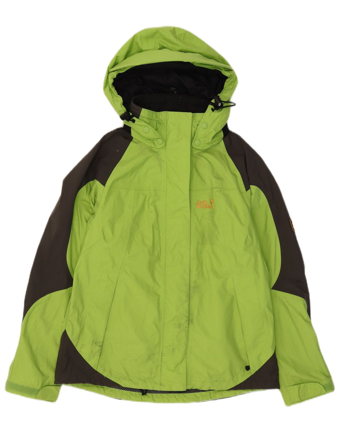 Jaqueta de chuva feminina com capuz Jack Wolfskin Reino Unido 12/14 bloco colorido verde médio