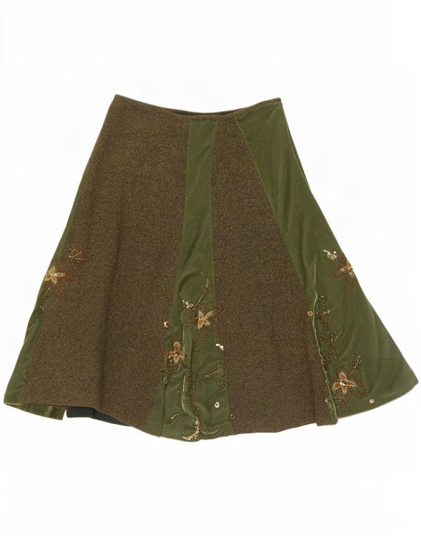 Saia feminina Monsoon A-Line UK 10 pequena W30 verde floral