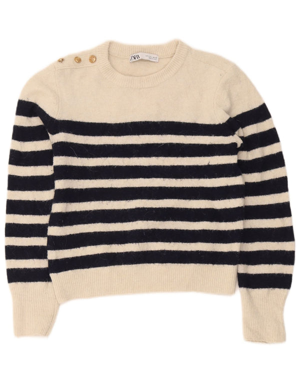Suéter feminino Zara com gola redonda e listrado branco grande UK 14