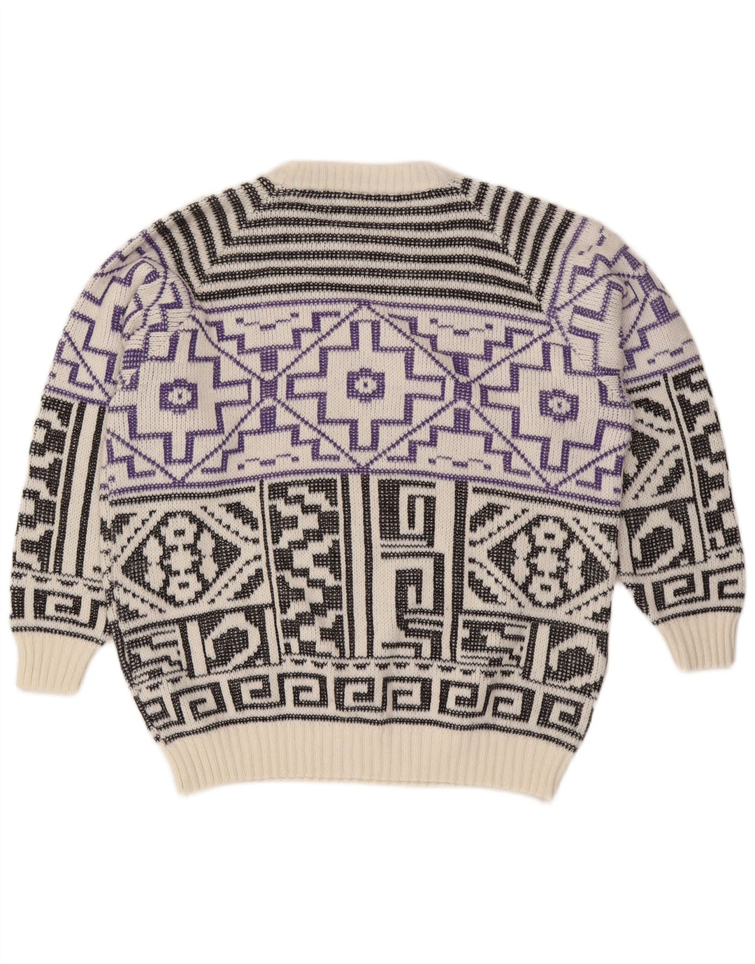 Suéter vintage masculino com gola redonda, grande lã geométrica branca