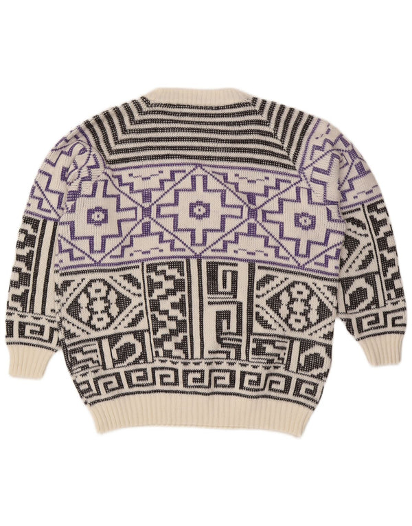 Suéter vintage masculino com gola redonda, grande lã geométrica branca