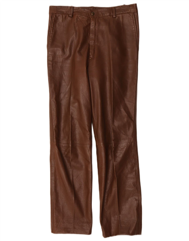 Calça feminina vintage de couro reto W30 L29 marrom