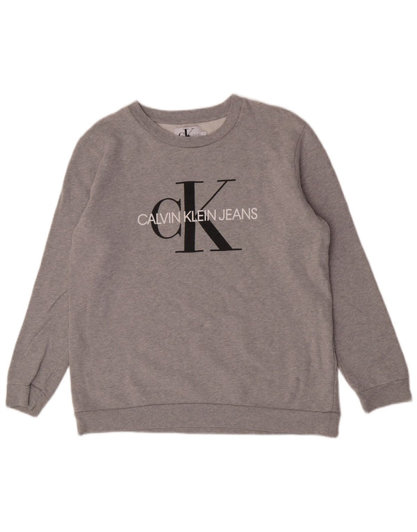 Calvin Klein Jeans Masculino moletom gráfico jumper grande algodão manchado cinza