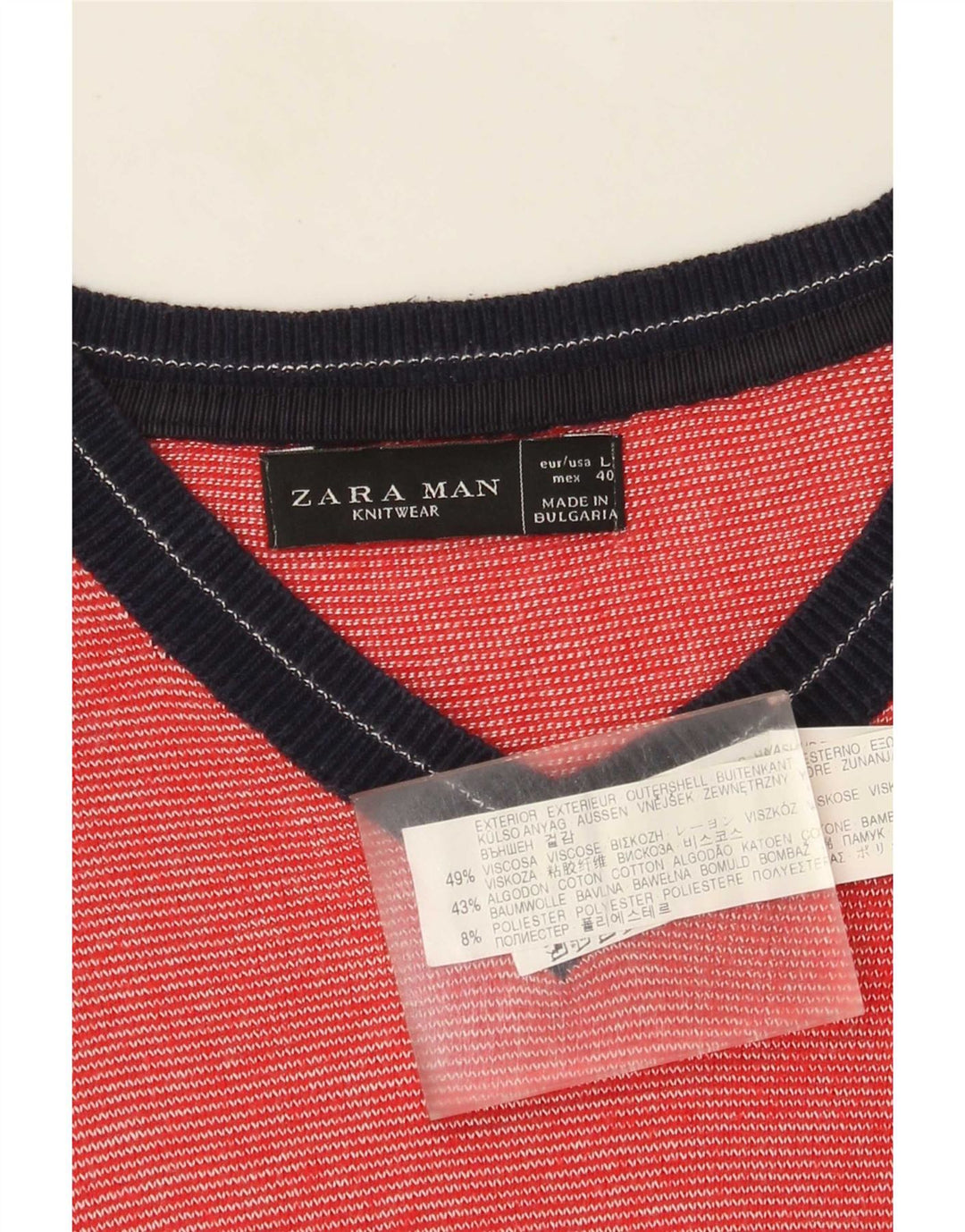 Zara Suéter masculino com decote em V grande viscose colorblock vermelho