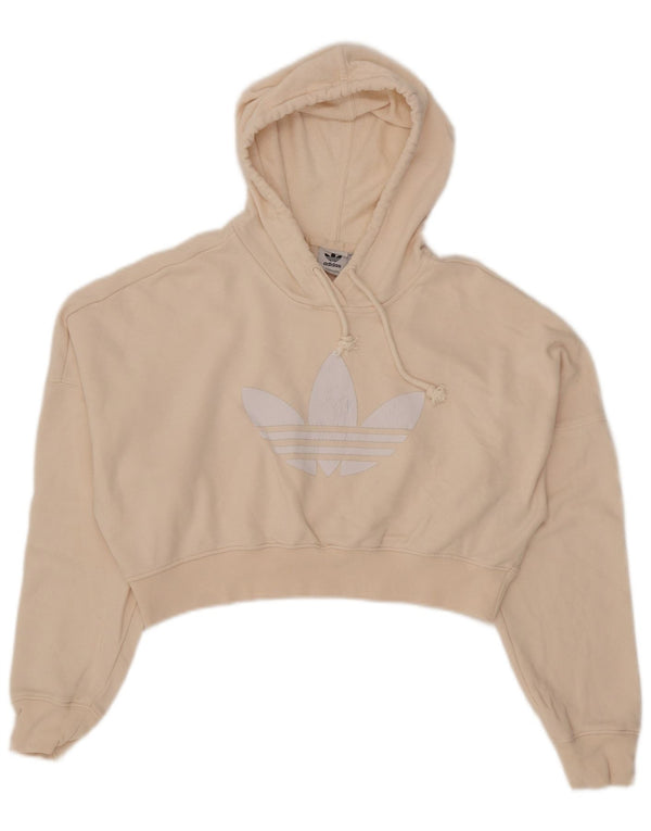 Adidas Womens Crop Graphic Oversized Hoodie Jumper UK 4 XS Bege Algodão