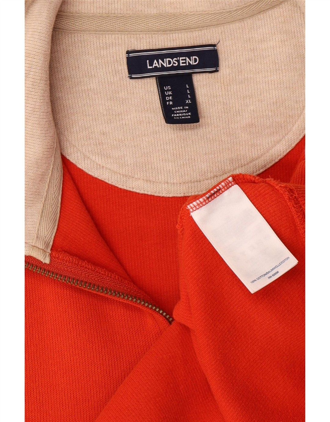 LANDS END Suéter masculino com zíper e gola grande de algodão laranja