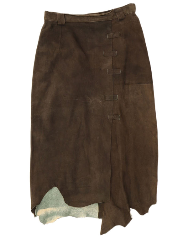 Saia assimétrica feminina vintage de cintura alta Reino Unido 14 médio W26 L30 cáqui