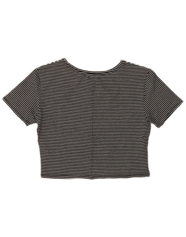 Zara Womens Crop T-Shirt Top Reino Unido 14 Grande Algodão Listrado Preto