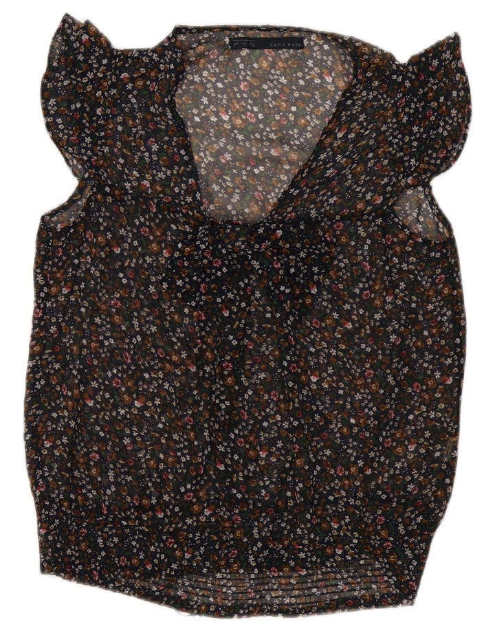 Top feminino ZARA com gravata borboleta sem mangas transparente Reino Unido 10 pequeno preto floral